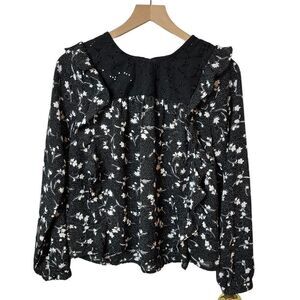 Alice‎ Blue Black and White Floral Ruffle Dots Eyelet Embroidery Blouse Size S